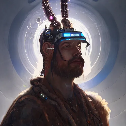 Image similar to detailed portrait of a futuristic sci - fi shaman in an impressive scene. extremely detailed. beautiful lighting. trending on artstation.