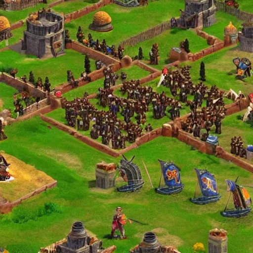 Image similar to a group of giant minions standing near a Town Center in the game Age of Empires