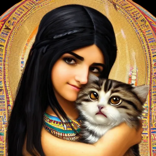 Image similar to cute emo egyptian woman, with long dark hair, thick eyebrows!!! dark eyes and dark circles!, wide nose!!!, big eyes, oval face shape, big cheeks!, she is holding a cat in her arms, by juan villafuerte, greg rutkowski and alphonse mucha, pexels contest winner, high quality photo, hd rtx