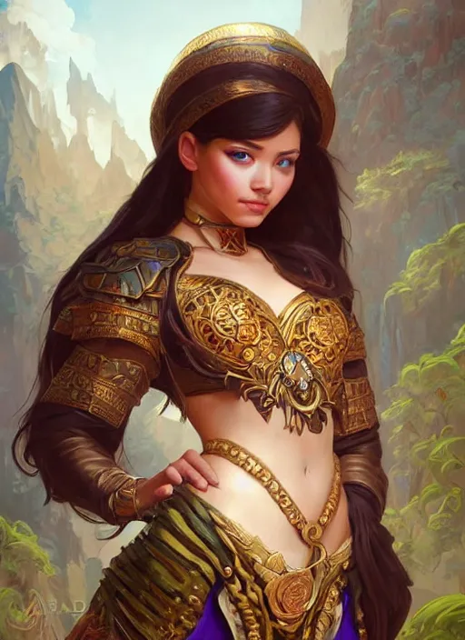 Image similar to portrait of russian mexican asian girl jodhpurs hyperborea lemuria, deep focus, d & d, fantasy, intricate, elegant, highly detailed, digital painting, artstation, concept art, matte, sharp focus, illustration, hearthstone, art by rhads by artgerm and greg rutkowski and alphonse mucha