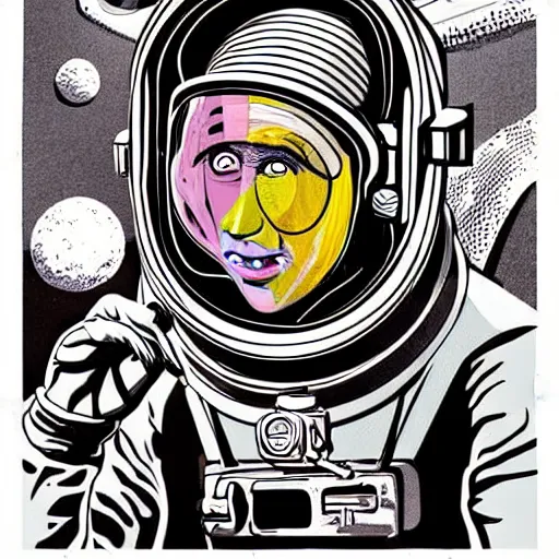 Image similar to graphic illustration, creative design, willy wonka as an astronaut, biopunk, francis bacon, highly detailed, hunter s thompson, concept art