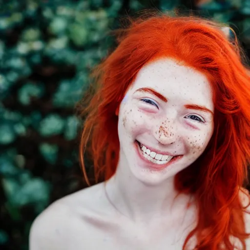 Image similar to a cute red-haired female with freckles, smiling, hyperrealistic