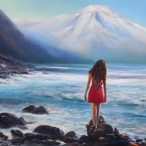 Image similar to detailed stunning oil painting of lonely girl standing on the rocky shore of a cold beach, snowy mountains in the background, car sinking in water,