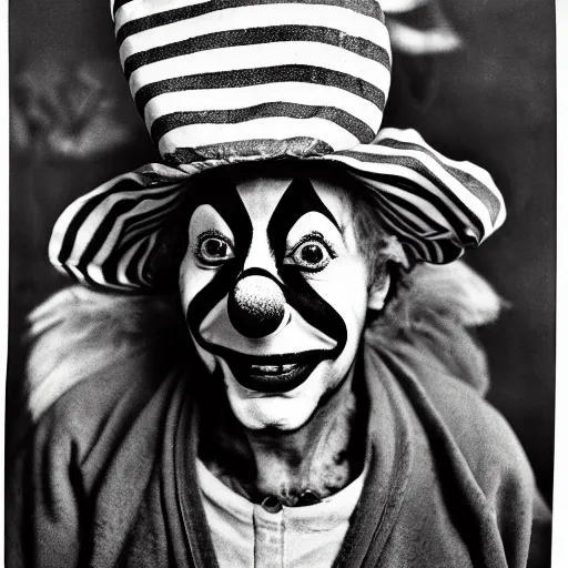 Prompt: portrait of a clown by Diane Arbus, 88mm, black and white photography