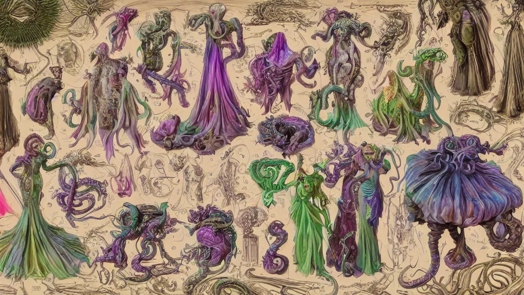 Prompt: highly detailed colorful character sheet for a stocky alien extraterrestrial victorian female servant maid with thick snake - like tentacles instead of hair, long dress with apron, ernst haeckel, jim henson creature shop, coherent, illustration, digital art, trending on artstation, hd, 8 k, good lighting, beautiful, rough paper, masterpiece