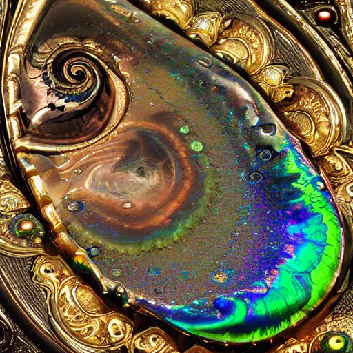 Image similar to mask, Art Nouveau cresting oil slick waves, hyperdetailed bubbles in a shiny iridescent oil slick wave, ammolite, dinosaur bone, detailed giant opalized ammonite shell, black opal, abalone, paua shell, ornate copper patina medieval ornament, rococo, organic rippling spirals, octane render, 8k 3D, druzy geode, cresting waves and seafoam, mask