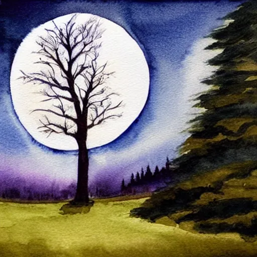 Image similar to This painting has such a feeling of peace and serenity. The tree is so still and calm, despite the wind blowing around it. The moonlight casts a soft glow over everything and the starts seem to be winking at you... watercolor painting, at night