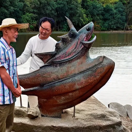 Image similar to giant ancient fish goddess blessing a young man in a boat