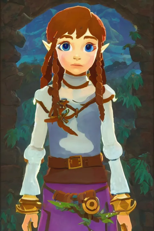 Image similar to an in game portrait of madeline from celeste in the legend of zelda breath of the wild, breath of the wild art style.