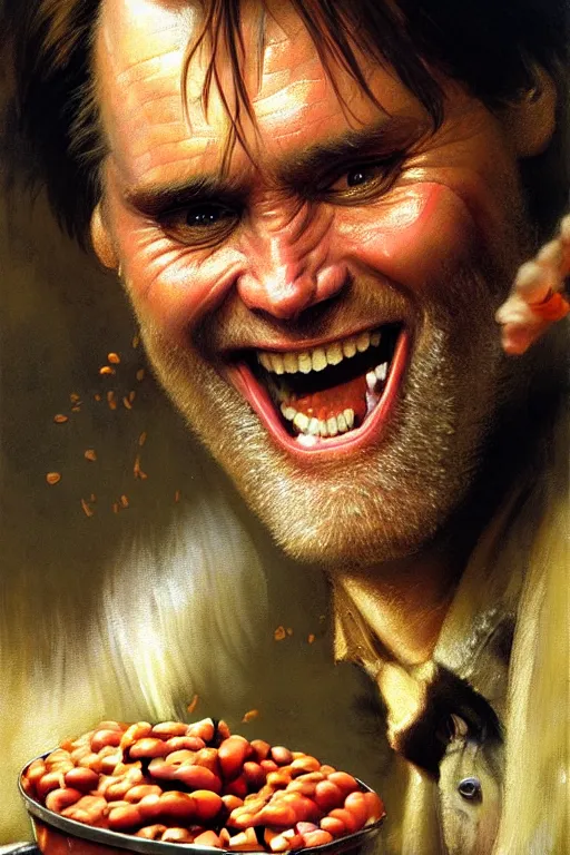 Prompt: jim carrey eating baked beans and laughing, extreme close up, high detail, insane face, portrait dnd, painting by gaston bussiere, craig mullins, greg rutkowski, yoji shinkawa