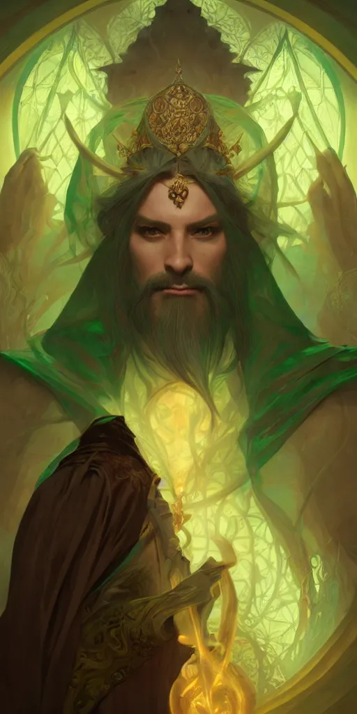 Image similar to sinister male mage, viscount, ancient, sand, emerald, magic, intricate, highly detailed, digital painting, artstation, concept art, smooth, sharp focus, illustration, Unreal Engine 5, 8K, art by artgerm and greg rutkowski and alphonse mucha