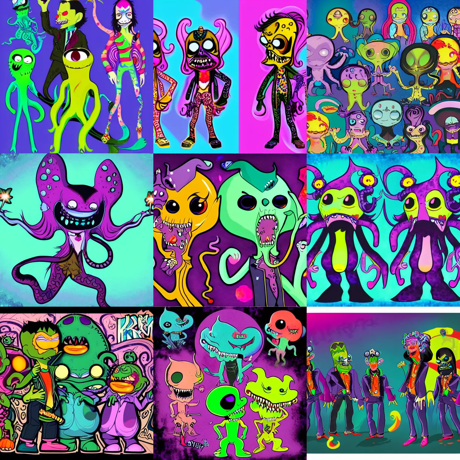 Prompt: Lisa frank vampire kraken based character designs for the newest psychonauts video game made by double fine done by tim shafer with help from the artist for the band gorrilaz
