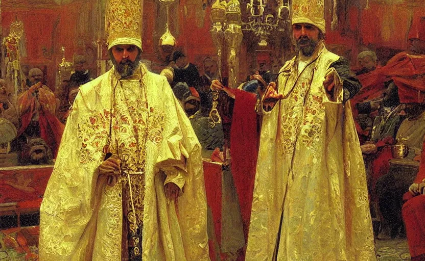 Image similar to high quality high detail painting by ilya repin, the holy priest, intricate costume design, orientalist, partially gold, ornate, elite, luxury, hd