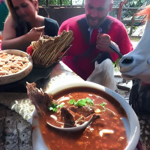 Prompt: a red goat eating pozole