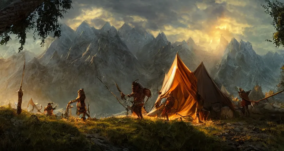 Image similar to an epic fantasy adventurer's camp with a hide tent 4 k, extremely detailed. award winning, trending on artstation, 8 k, ultra wide angle