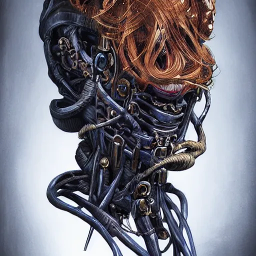 Image similar to portrait of a Shibari rope wrapped face and neck, headshot, insanely nice professional hair style, dramatic hair color, digital painting, of a old 13th century, biomechanical cyborg banker, amber jewels, baroque, ornate clothing, scifi, realistic, hyperdetailed, chiaroscuro, concept art, art by Franz Hals and Jon Foster and Ayami Kojima and Amano and Karol Bak,