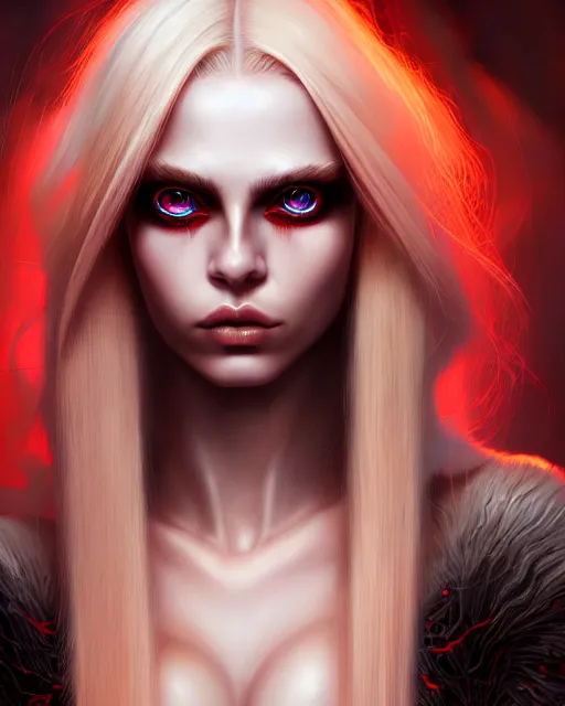 Image similar to ultra realist and ultra intricate detailed soft painting of a beautiful Gangrel female, thin lustrous long blond hair shaved on one side, symmetry features, glowing red eyes, sensual gloomy style, volumetric clouds, artstation, unreal render, depth of field