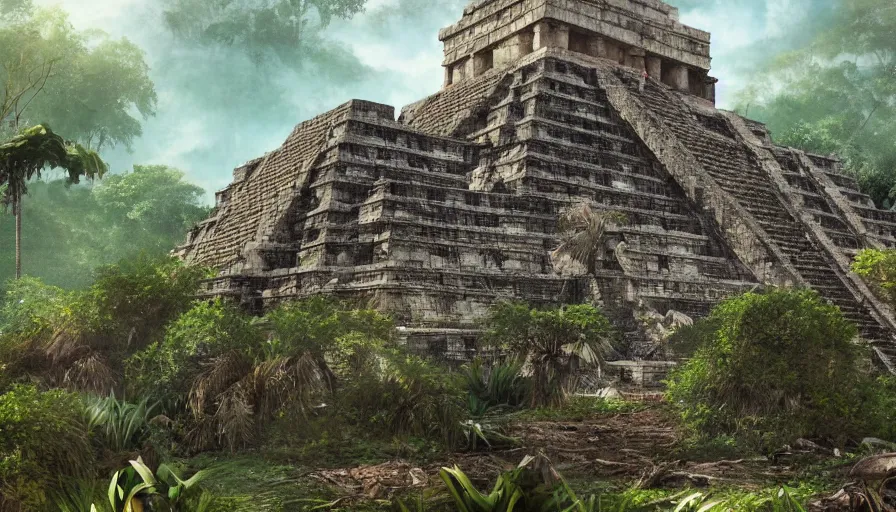 Prompt: Ancient destroyed Mayan temple of a hostile jungle, hyperdetailed, artstation, cgsociety, 8k