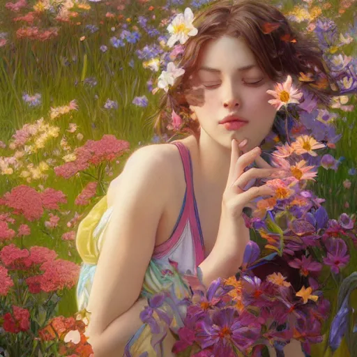 Image similar to girl smelling colorful flowers, spring garden, highly detailed, digital painting, cgsociety , concept art, sharp focus, illustration, art by artgerm and greg rutkowski and alphonse mucha