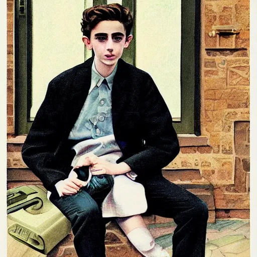 Prompt: “Timothée Chalamet portrait, color vintage magazine illustration 1950”