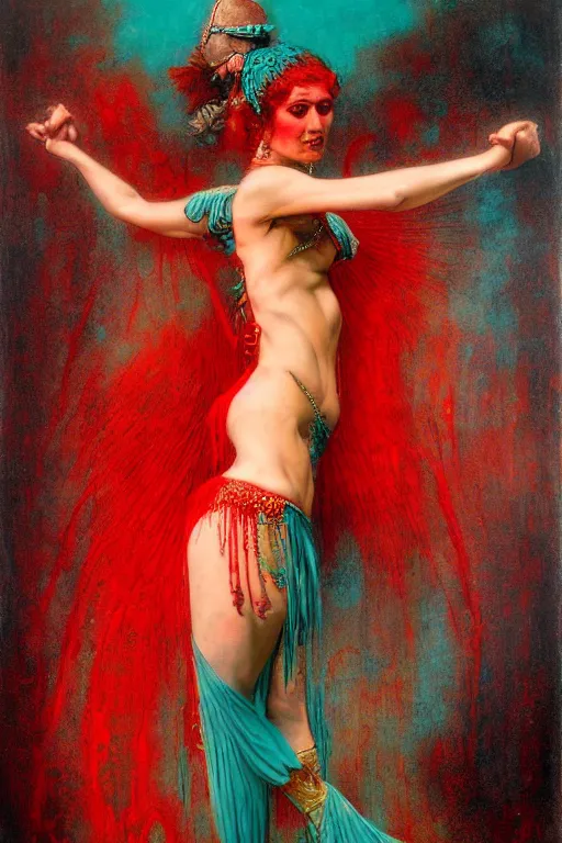 Image similar to red and turquoise raving bellydancer in the style of wayne barlowe, gustav moreau, goward, bussiere, roberto ferri, santiago caruso, luis ricardo falero, austin osman spare