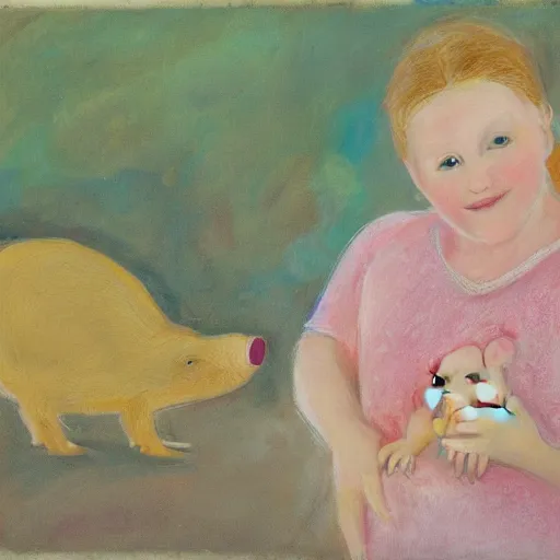 Prompt: portrait of female with piglet