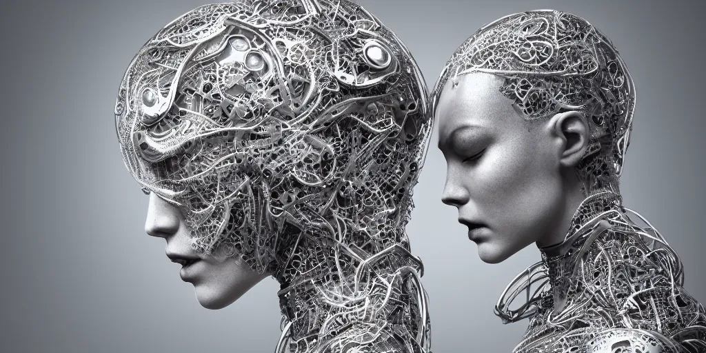 Image similar to hyper realistic photography of a stunningly cyborg female and male, intimate, intricate filigree, in the style of beth cavener, jin kagetsu, and wlop, highly detailed, chrome face symmetry, masterpiece, award - winning, sharp focus, concept art, high key, ambient lighting, 8 k, octane render,