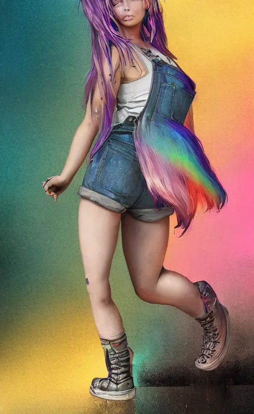 Prompt: Full body, grungy unicorn woman with rainbow hair, soft eyes and narrow chin, fit dainty figure, long hair straight down, torn overalls, short shorts, fishnet stockings, combat boots, basic white background, side boob, in the rain, wet shirt, style by Jordan Grimmer and greg rutkowski, crisp lines and color,