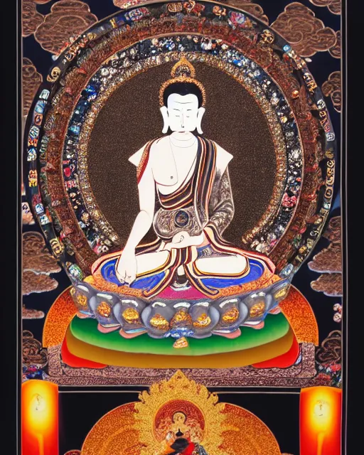 Image similar to a buddhist Thangka mandala and Tibetan calligraphy on Dark paper, swarovski and diamonds scattered on top, Tarot card, Tibetan text script, Tibet manuscript, pearls diamonds opal bvlgari jewels scattered on top, ultra realistic, sharp focus, symmetric, 8k high definition, insanely detailed, intricate, elegant, Hajime Sorayama, Octane render, unreal engine,