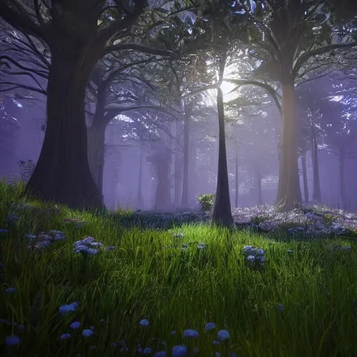 Image similar to beautiful illustration of a forest, highly detailed, crystal lighting, hyperrealistic, unreal engine, magical