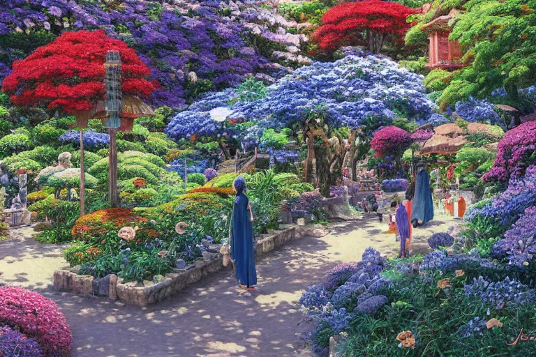 Prompt: oil painting, super - detailed scene spirited away, cyberpunk garden, agbogbloshie, indigo blooming flowers garden, japanese sci - fi books art, artwork by jean giraud, hd, 4 k, high quality