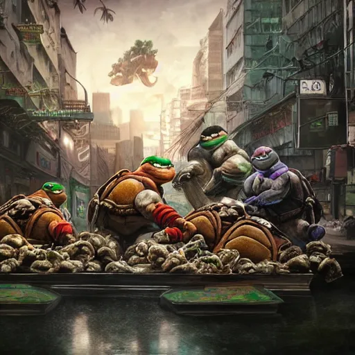 Image similar to four teenage mutant ninja turtles eating giant pile heap of dumplings, handsome, intricate, detailed, volumetric lighting, scenery, digital painting, highly detailed, artstation, sharp focus, illustration, concept art, ruan jia, steve mccurry