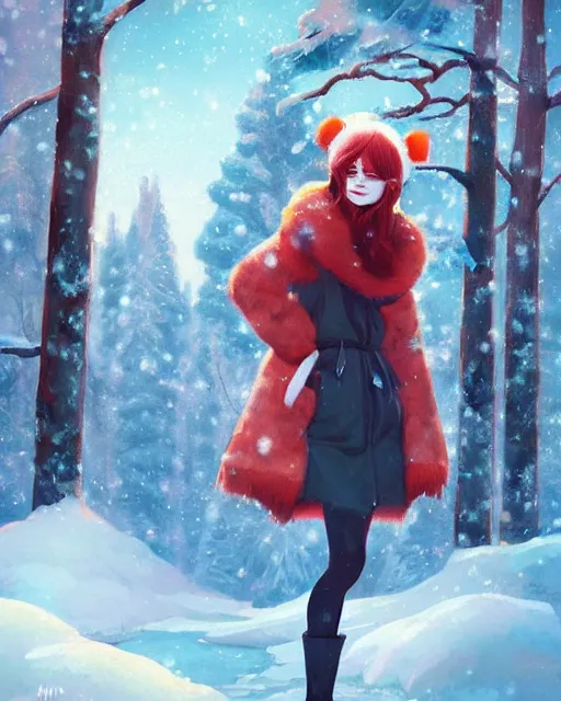 Image similar to emma stone with red hair in ushanka, winter forest decoration on the background, a beautiful half body illustration, top lighting, perfect shadow, soft painting, art by hidari and krenz cushart and wenjun lin