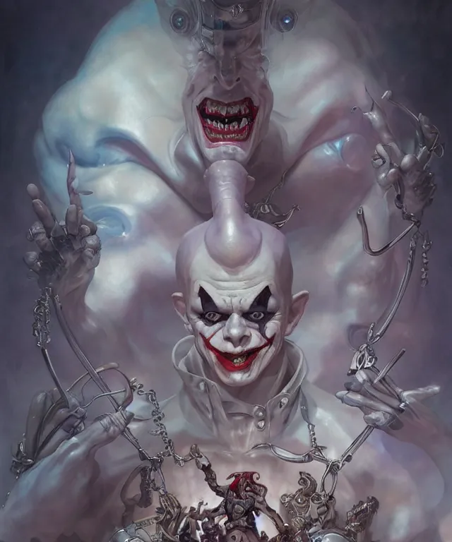 Image similar to beautiful portrait of evil fantasy baby joker, ultra realistic, wide angle, intricate details, the fifth element artifacts, highly detailed by peter mohrbacher, hajime sorayama, wayne barlowe, boris vallejo, aaron horkey, gaston bussiere, craig mullins