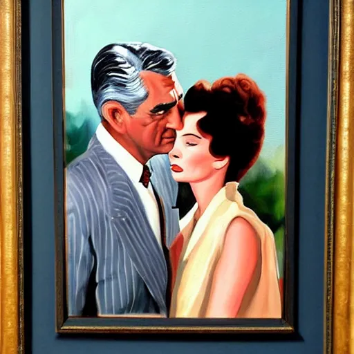 Image similar to an oil painting from a scene containing cary grant and kate hepburn in ‘ the philadelphia story. ’