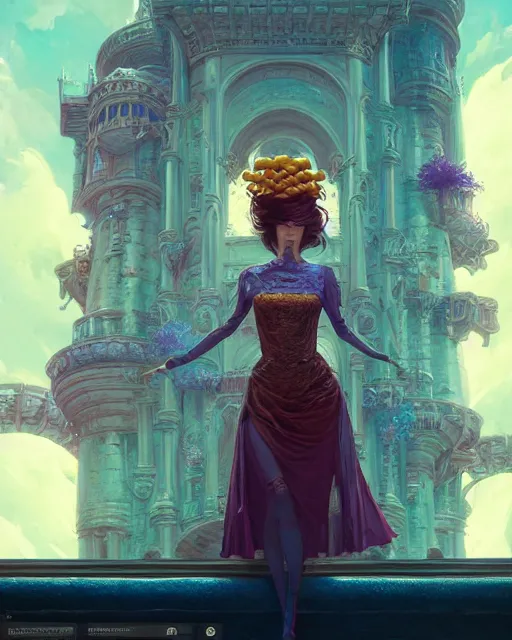 Image similar to highly detailed surreal vfx portrait of a female candypunk mage in a majestic castle by golden tree, stephen bliss, unreal engine, greg rutkowski, loish, rhads, beeple, makoto shinkai and lois van baarle, ilya kuvshinov, rossdraws, tom bagshaw, alphonse mucha, global illumination, detailed and intricate environment