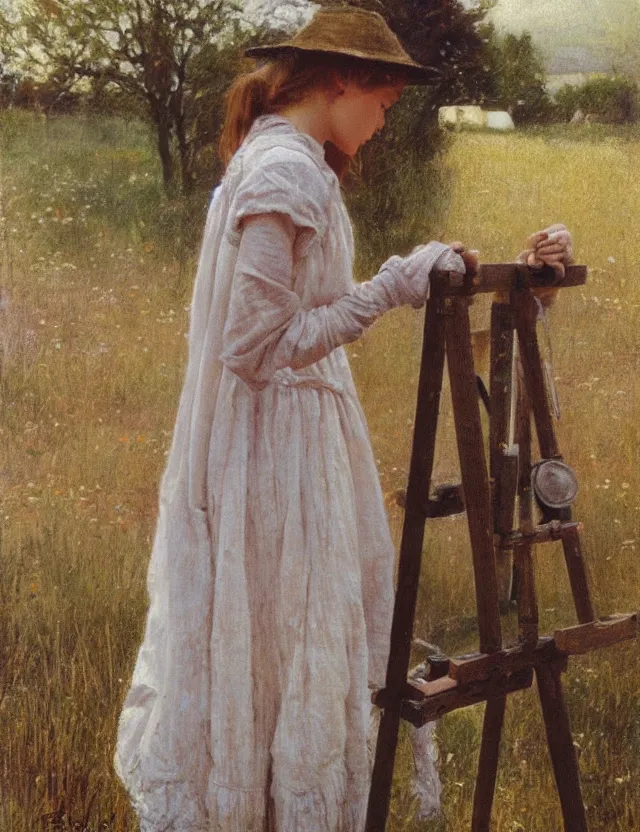 Prompt: peasant girl drawing on a easel, cottage core, cinematic focus, polaroid photo bleached vintage pastel colors high - key lighting, soft lights, foggy, by steve hanks, by lisa yuskavage, by serov valentin, by tarkovsky, detailed, oil on canvas
