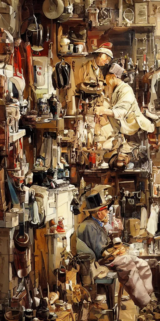 Image similar to oil painting scene from shoemaker's shop by kim jung gi