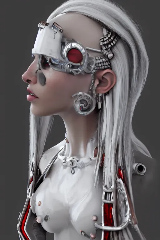 Image similar to white cyborg fashion shot, maasai warriors, copper spiral hair decorations, white elegant baroque design, pretty face, punk hair, photorealistic, 8k, hyper detailed, unreal engine, trending on artstation,