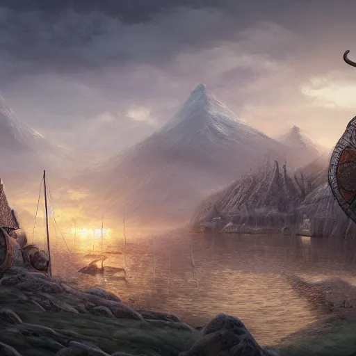 Prompt: viking city landscape photprealism ultradetailed digital art, irina french, heraldo ortega, mandy jurgens, golden ratio, art canvas, award winning, masterpiece trending on artstation 8 k 1 5 0 mpx