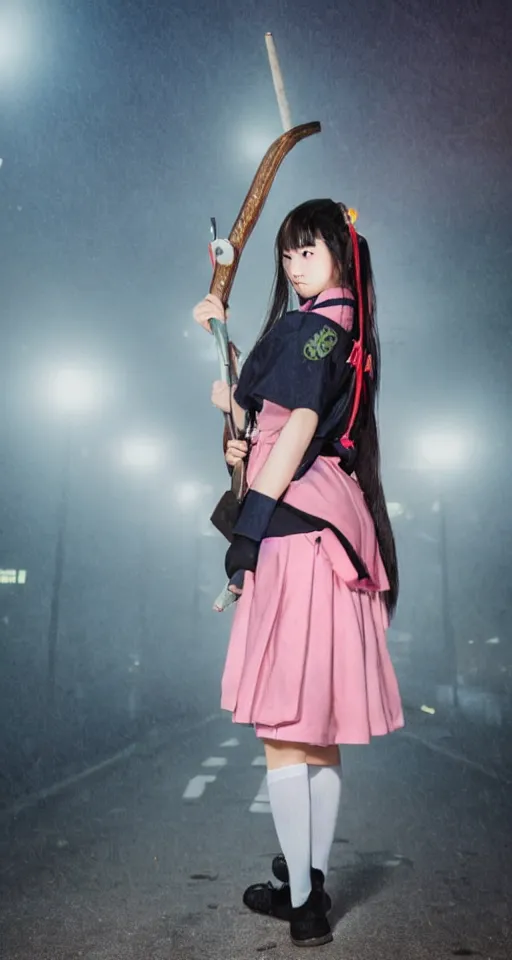 Image similar to sukebon delinquent girl holding a samurai sword threateningly, stubborn facial expression, full body shot, schoolgirl uniform with a very long skirt, professional photography, foggy night on a neon japanese city street