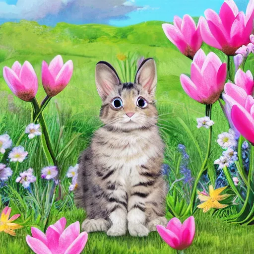 Image similar to hybrid animal mix between cute fluffy tan lop eared bunny rabbit and fluffy grey striped tabby kitten in spring meadow landscape with pond detailed painting 4k