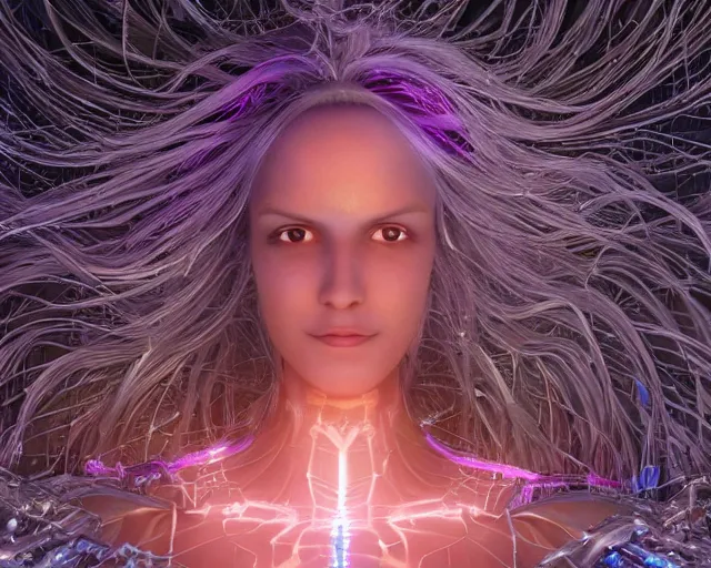 Image similar to glowing hair, complex cybernetic beings, beautiful hairy humanoids, cybermagnetosphere, cybernetic civilizations, ornate hair, love, joy, vortexes, large arrays, data holograms, 8 k, cinematic light shadows, wet hdr refractions, *, * * *, * * * * *