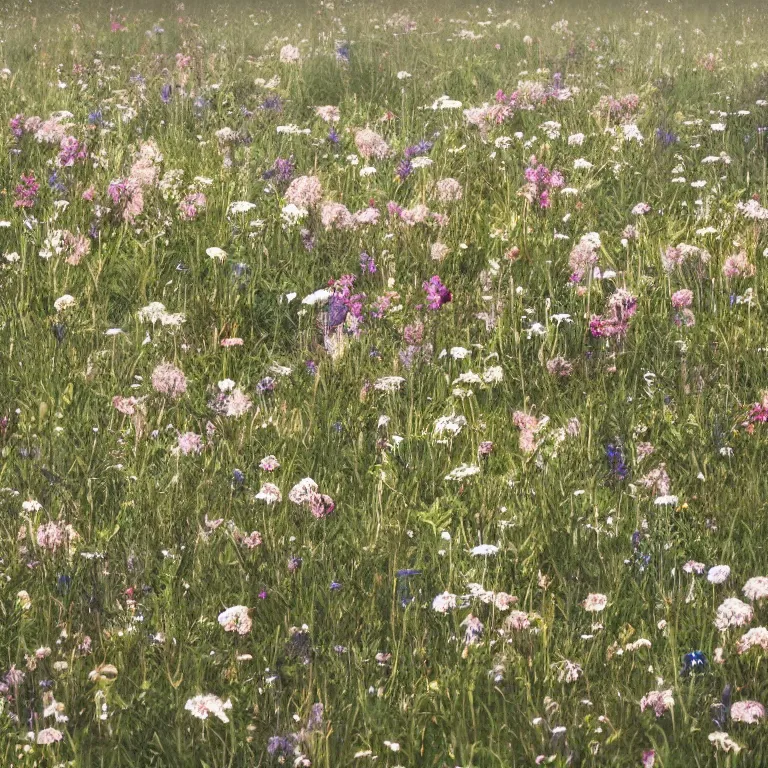 Prompt: atmospheric illustration of decaying bones in a meadow of flowers