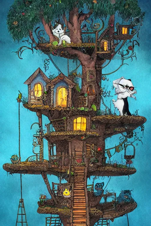 Image similar to The cat in the tree house illustrated by Tim Burton, Trending on artstation, artstationHD, artstationHQ, 4k, 8k