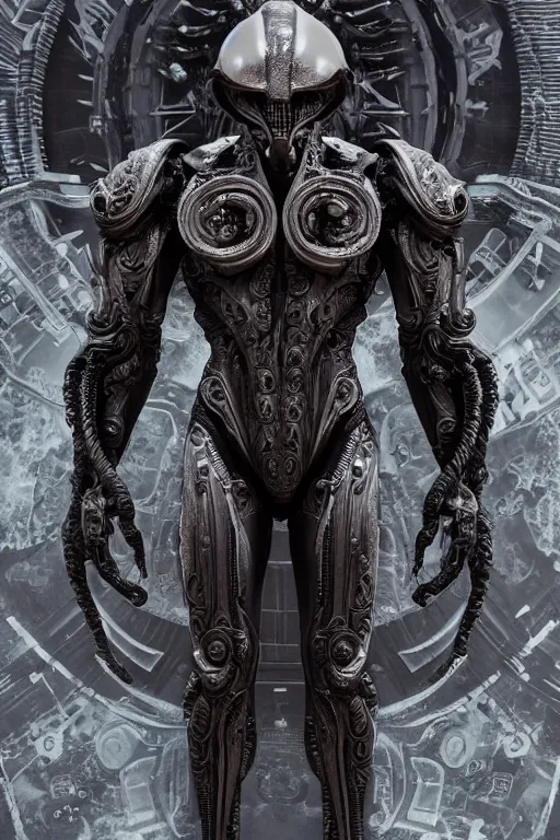 Image similar to engineer prometheus, xenomorph alien, highly detailed, symmetrical long head, smooth marble surfaces, detailed ink illustration, raiden metal gear, cinematic smooth stone, deep aesthetic, concept art, post process, 4k, carved marble texture and silk cloth, latex skin, highly ornate intricate details, prometheus, evil, moody lighting, hr geiger, hayao miyazaki, indsutrial Steampunk