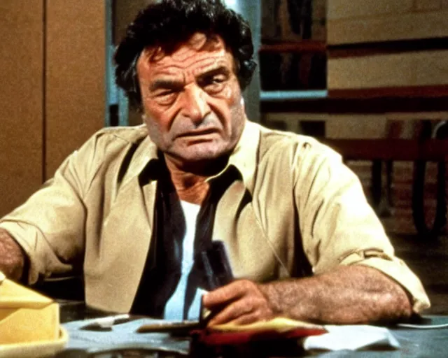 Prompt: peter falk as columbo interrogating missingno from pokemon, still shot