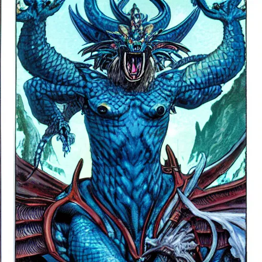 Image similar to head and shoulders portrait of a medieval d & d fantasy anthropomorphic blue dragon - headed sorcerer, comic book cover art by phil noto, frank miller, jeff easley, and hr giger