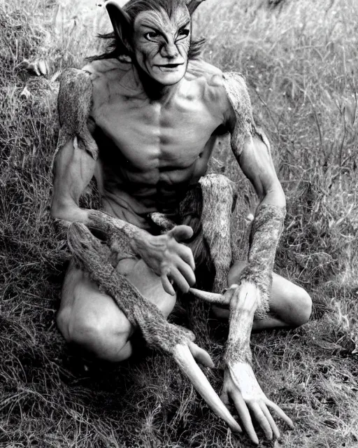 Prompt: actor Roddy McDowell in Elaborate Pan Satyr Goat Man Makeup and prosthetics designed by Rick Baker, Hyperreal, He has goat man legs, cloven feet and horns, He is sitting on a log near a beautiful meadow holding his flute. A beautiful Maiden in a beautiful Sandy Powell designed Victorian era dress can be seen off in the distance