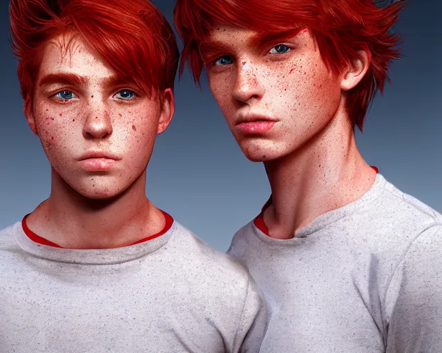 Image similar to portrait stocky of 1 9 - year - old male twins with red hair and freckles, two male, wearing shirts,, hyper realistic face, beautiful eyes, character art, art by mark brooks, hyperdetailed, cryengine, trending on artstation, digital art